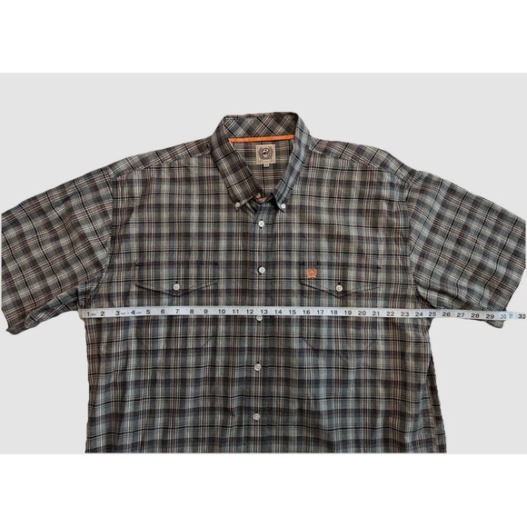 Cinch Mens XL Short Sleeve Button Down Shirt Gray Green Western Logo Pocket - Picture 2 of 6